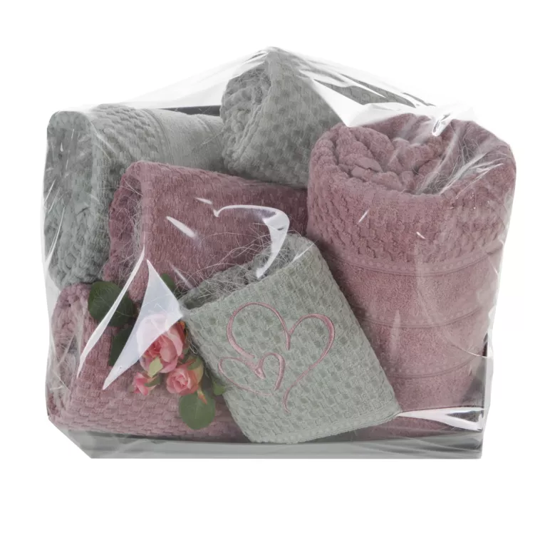 Zestaw ręczników bawełnianych na prezent 2 szt 30x50 cm,2 szt 50x90 cm,2 szt 70x140 cm kolor ciemnoróżowy, miętowy z subtelnym haftowanym serduszkiem