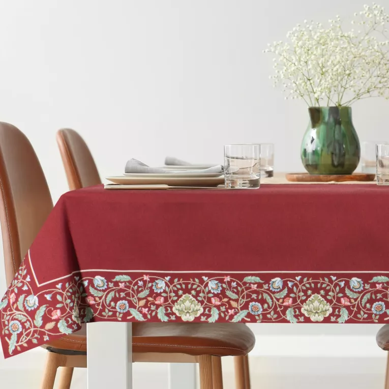 Obrus czerwono, zielony 140x180 cm gobelinowy zdobiony żakardowym wzorem drzewka - kolekcja AMAROSA