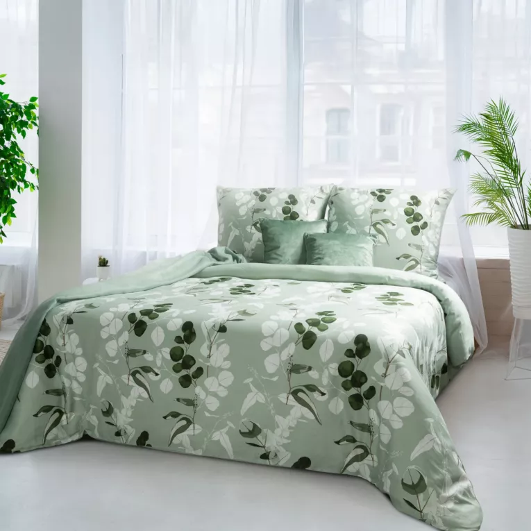 Pościel 140x200 cm komplet 2 częściowy satyna bawełniana kolor jasnozielony, biały z motywem liści SPRING 97