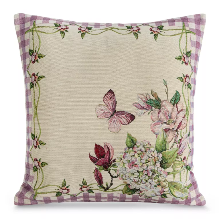 Poszewka na poduszkę 45x45 cm bawełniana, gobelinowa beżowo, różowa z kwiatowym motywem GOB