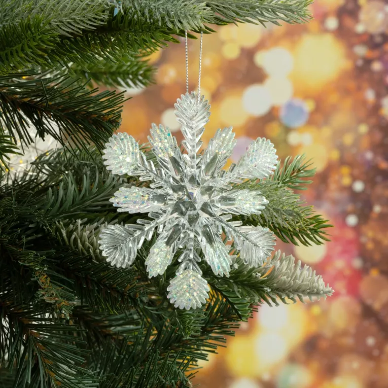 Ozdoba choinkowa akrylowa ŚNIEŻYNKA zdobiona brokatem