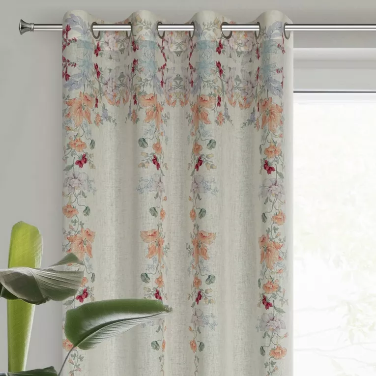 Zasłona naturalno, pomarańczowa zdobiona nadrukiem kwiatów 140x250 cm przelotka - CARA