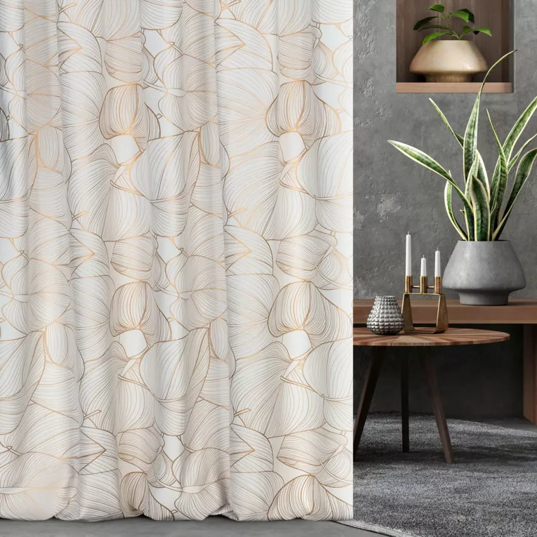 Zasłona szyta na taśmie 5 cm naturalno złota z miękkiej tkaniny welwetowej ze złotym nadrukiem