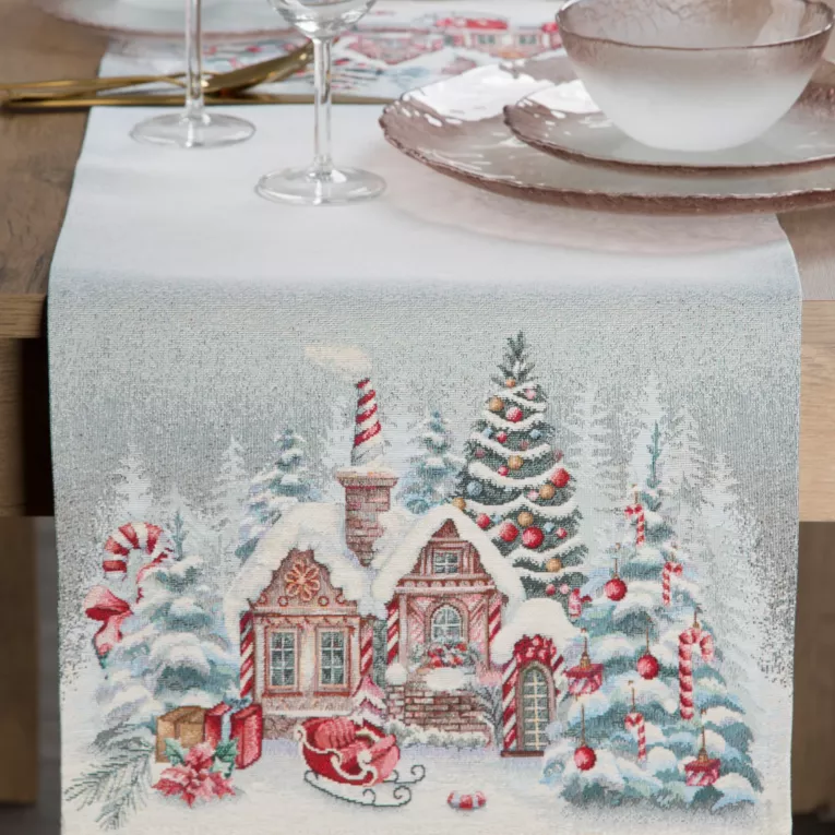 Świąteczny bieżnik popielato, czerwony 40x100 cm gobelinowy zdobiony tkanym wzorem chatki świętego Mikołaja