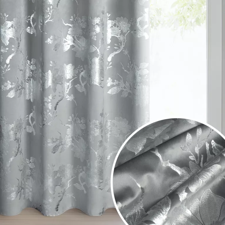 Zasłona stalowo, srebrna zdobiona nadrukiem błyszczących kwiatów 140x250 cm przelotka - CELIA