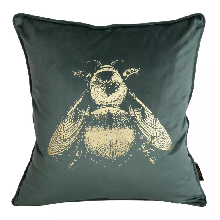 Poszewka na poduszkę 45x45 cm welwetowa miętowa, dwustronna z nadrukiem złocistej pszczoły BLINK 41