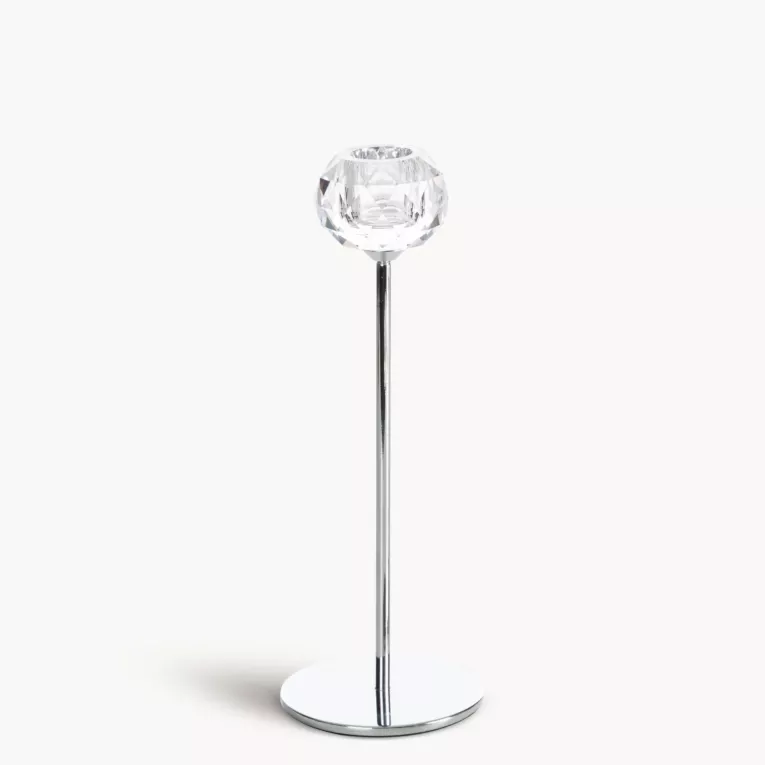 Świecznik dekoracyjny transparentny, srebrny o kryształowej okrągłej formie na smukłej nóżce średnica 8x23 cm LARA