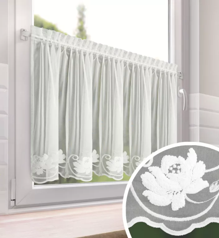 Zazdrostka biała z drobnej siateczki zdobiona subtelnym haftem 70x150 cm taśma - LETI