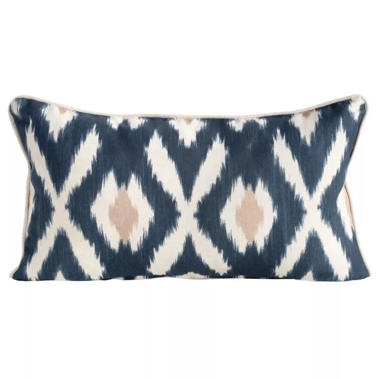 Poszewka na poduszkę 50x50 cm bawełniana z dodatkiem lnu zdobiona geometrycznym nadrukiem granatowo, beżowa LEN