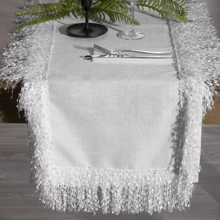 Bieżnik na stół biały 40x140 cm TINA zdobiony puszystymi frędzlami EUROFIRANY PREMIUM