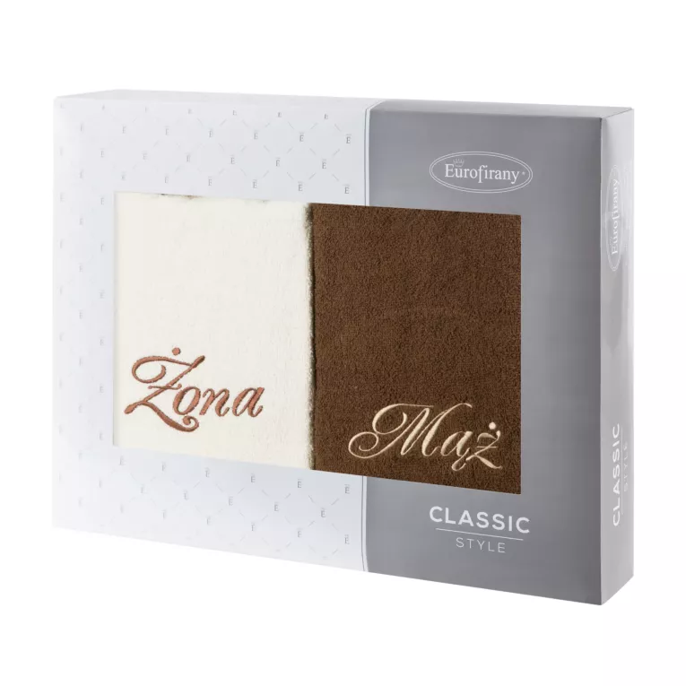 Zestaw ręczników bawełnianych na prezent 2 szt 70x140 cm z haftem Żona i Mąż kolor kremowy,brązowy 400 g/m2