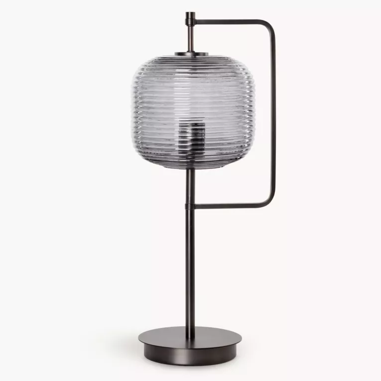 Lampa stołowa nocna grafitowa ARON nowoczesna ze szklanym tłoczonym abażurem