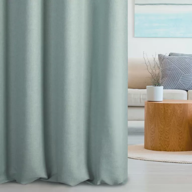 Zasłona szyta na taśmie 5 cm GEONOA miętowa z miękkiej tkaniny o naturalnym charakterze z widocznym ozdobnym splotem