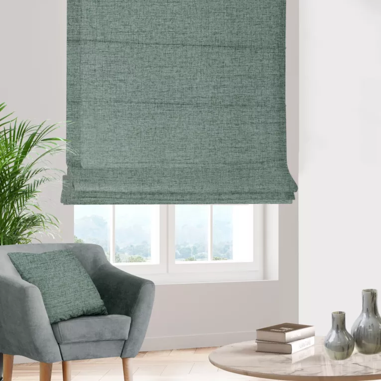 Roleta rzymska miętowa z tkaniny w stylu eko o naturalnym splocie