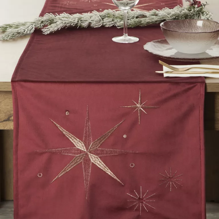 Bieżnik świąteczny na stół 40x140 cm bordowy welwetowy zdobiony szampańskimi gwiazdkami