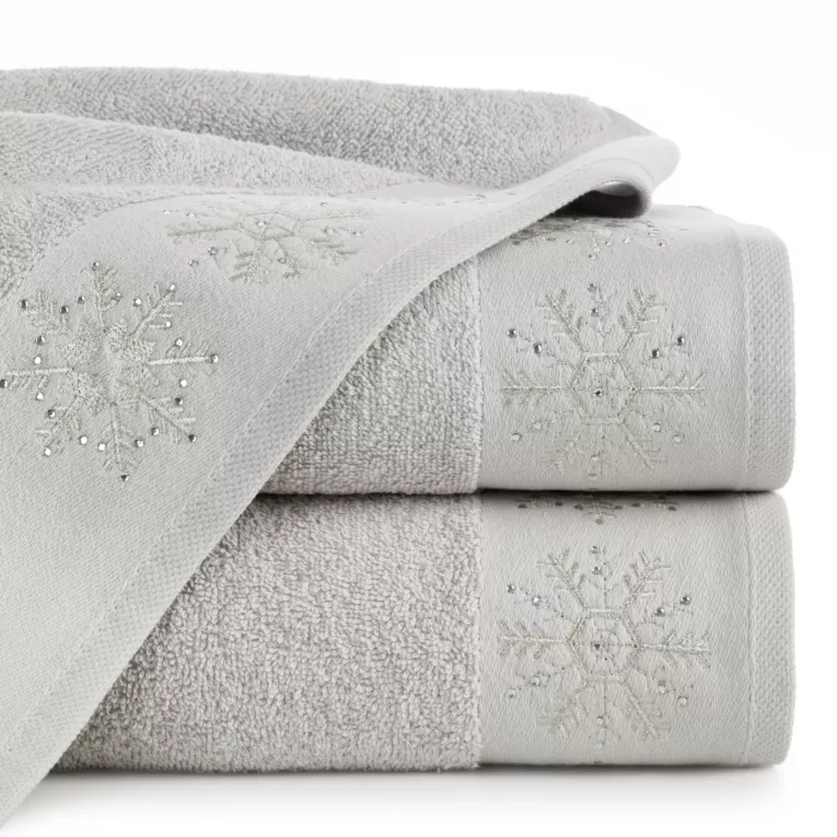 Ręcznik kąpielowy świąteczny 50x90 cm bawełniany kolor srebrny zdobiony świątecznym haftem 480 g/m2 JOY