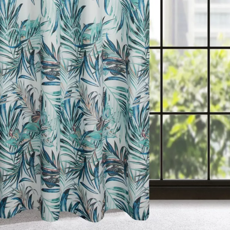 Zasłona granatowo, turkusowa zdobiona nadrukiem roślinnym 140x250 przelotka - PILAR