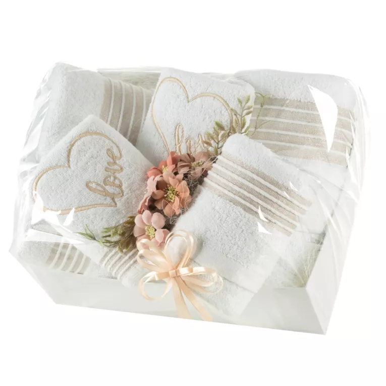 Zestaw ręczników bawełnianych na prezent 2 szt 30x50 cm, 2 szt 50x90 cm, 2 szt 70x140 cm kolor biały, beżowy z ozdobnym haftem