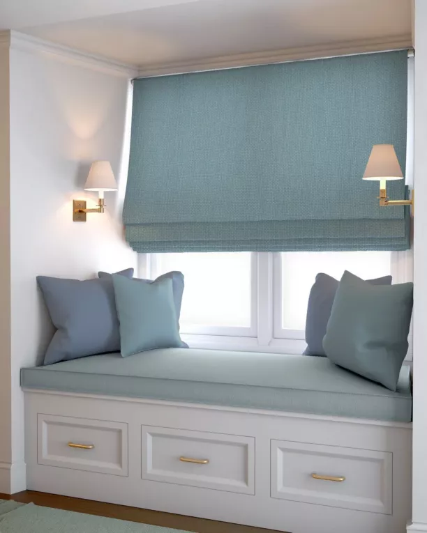 Roleta rzymska błękitna z strukturalnej tkaniny o naturalnym splocie