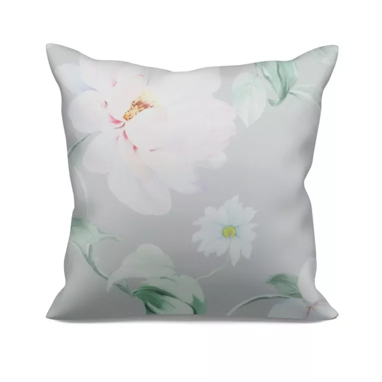 Poszewka szyta jasnoszara z miękkiej tkaniny o naturalnym splocie z kwiatowym wzorem