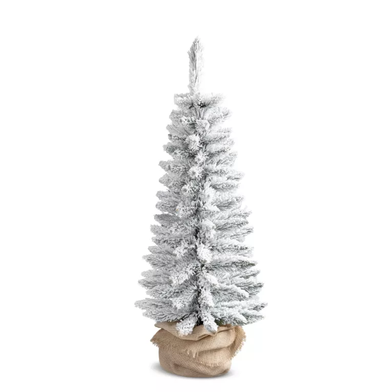 Drzewko choinkowe SLIM ośnieżone z dekoracyjną donicą owiniętą workiem jutowym