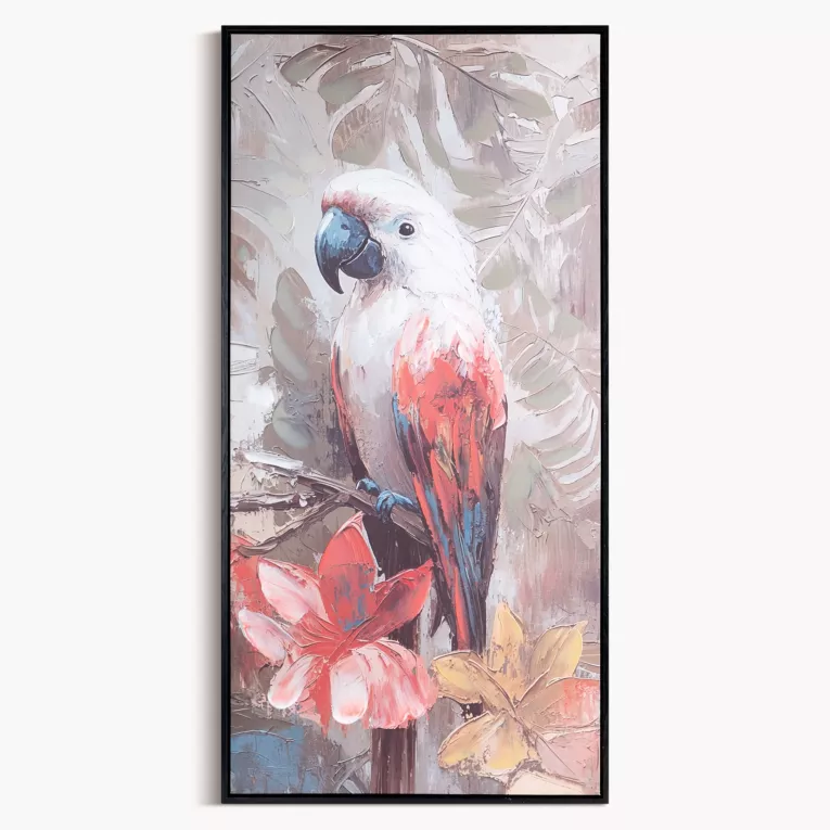 Obraz biało, czerwony ręcznie malowaną na płótnie papugą 50x100 cm