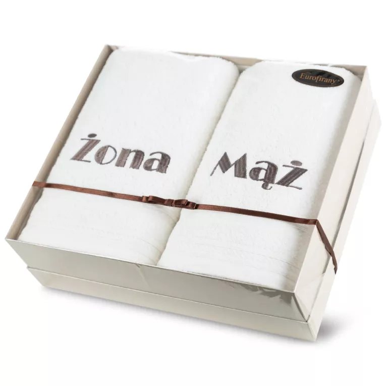 Zestaw ręczników bawełnianych na prezent 2 szt 70x140 cm kolor biały z haftem ŻONA i MĄŻ