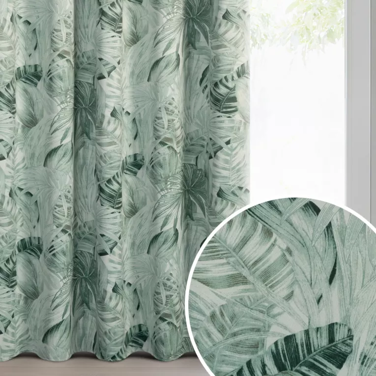 Zasłona miętowo, zielona z tkaniny typu dimout zaciemniająca zdobiona nadrukiem egzotycznych liści 140x270 cm taśma - NINA