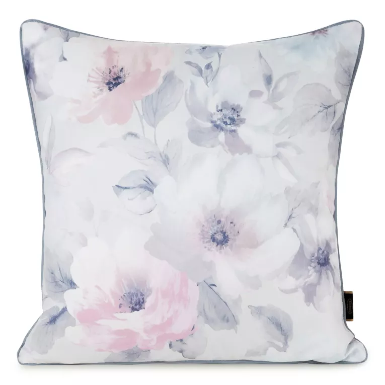 Poszewka na poduszkę 45x45 cm welwetowa, kremowo różowa z nadrukiem pastelowych kwiatów VELVET 153 Eurofirany Premium