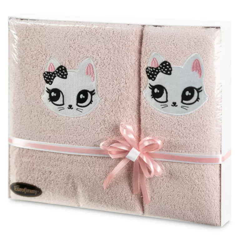Zestaw ręczników bawełnianych na prezent 1 szt 50x90 cm, 1 szt 70x140 cm kolor różowy z uroczym motywem kotka
