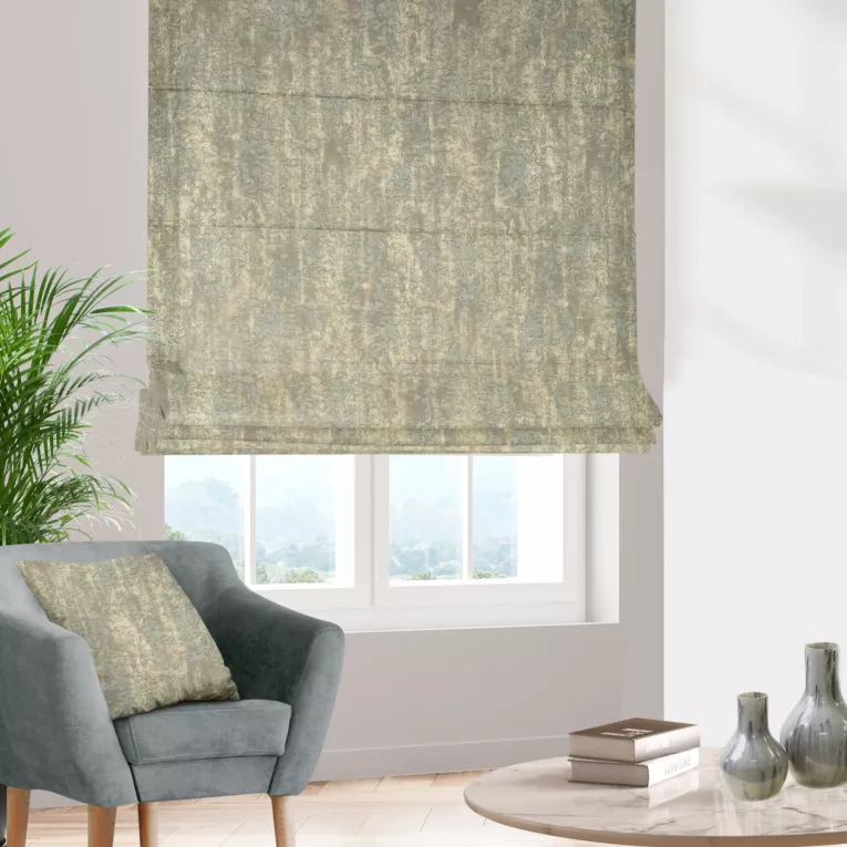 Roleta rzymska RICCA złoto popielata nowoczesna z wypukłym wzorem ornamentowym i połyskiem