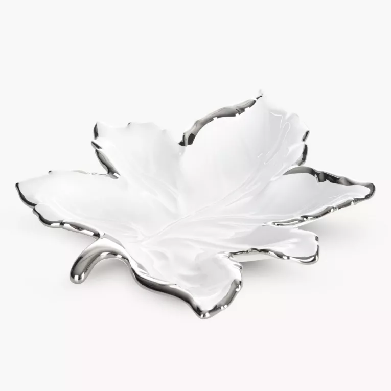 Patera ceramiczna biało-srebrna  w kształcie liścia 28x30x5 cm ABBI