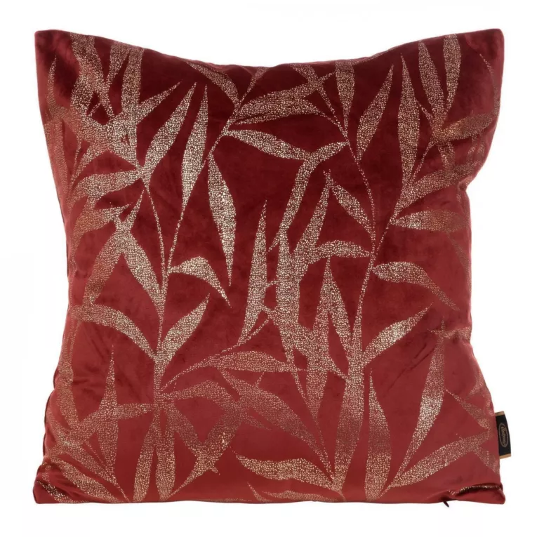 Poszewka na poduszkę 45x45 cm welwetowa kolor bordowy ze złocistym nadrukiem liści BLINK 22