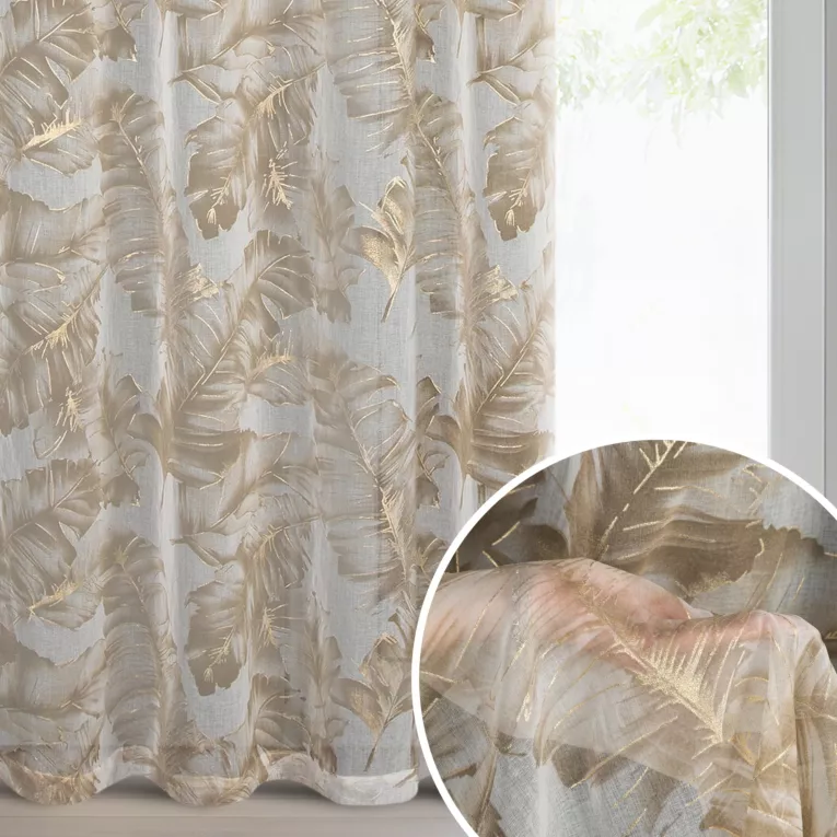 Zasłona beżowo, szampańska z nadrukiem liści z etaminy i złotych akcentów 140x250 cm przelotka - LAYLA