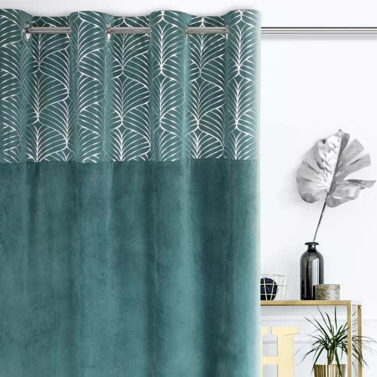 Zasłona turkusowa z pasem srebrnego nadruku, welwetowa 140x250 cm przelotka - LINDI