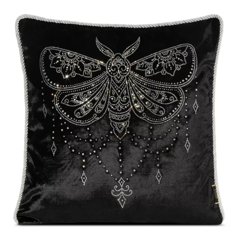 Poszewka na poduszkę 45x45 cm welwetowa, czarna zdobiona wzorem motyla z kryształków ROYAL 8