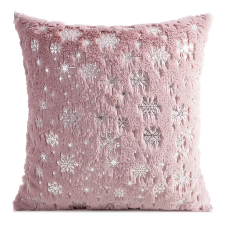 Poszewka na poduszkę świąteczna 45x45 cm pudrowo, srebrna z przyjemnego futerka zdobiona nadrukiem śnieżynek