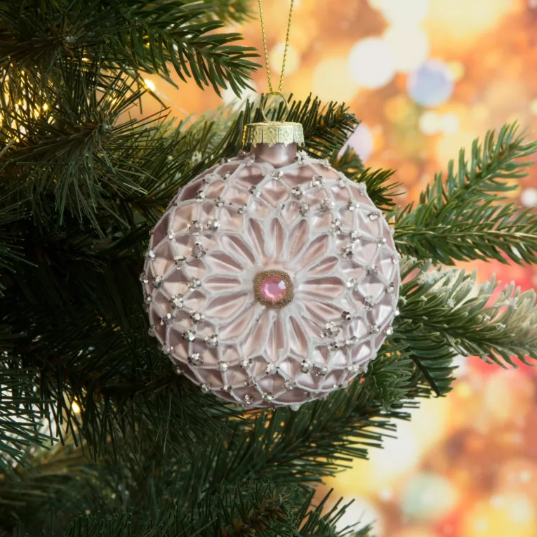 Bombka szklana z wytłaczanym geometrycznym wzorem wykończona brokatem oraz lśniącym kryształem