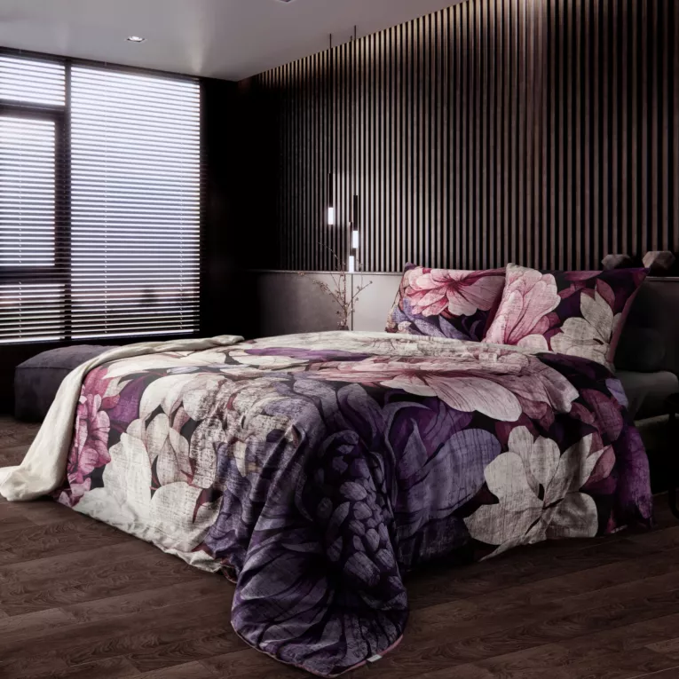 Pościel 220x200 cm bawełniana z makosatyny kolor fioletowy, różowy z botanicznym wzorem Reina Line