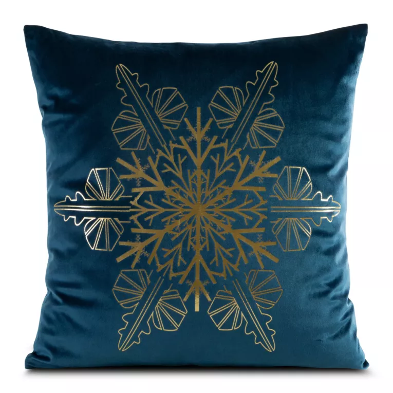 Poszewka na poduszkę 45x45 cm welwetowa, granatowo złota zdobiona śnieżynkami JOY