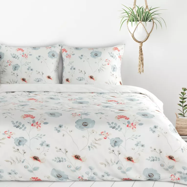 Pościel 220x200 cm z mikrowłókna kolor biały, błękitny z motywem kwiatowym INES Design 91