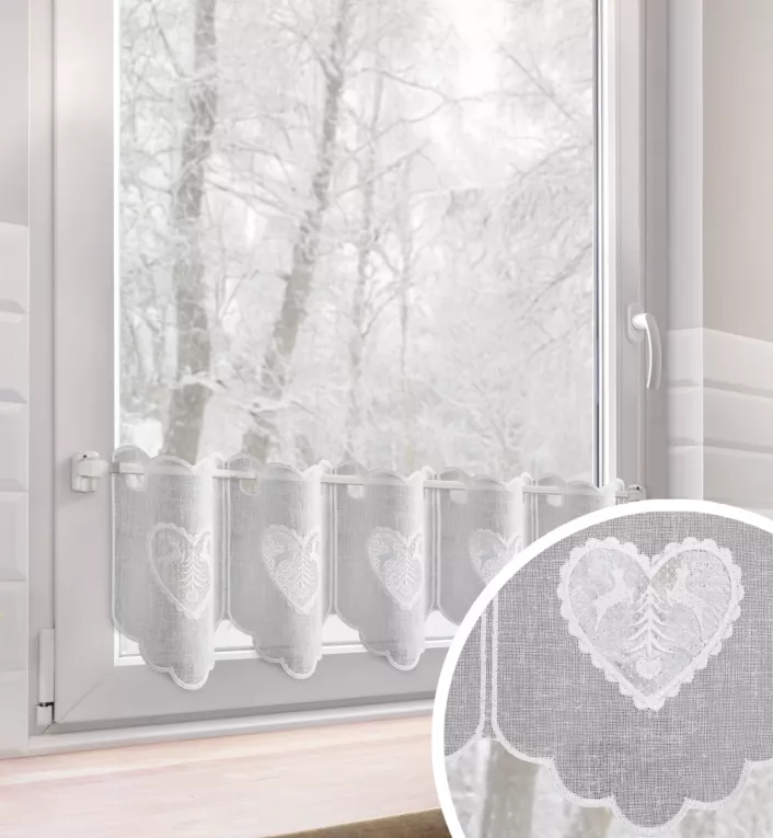 Tkanina firanowa zazdrostka z etaminy zdobiona świątecznym ażurowym haftem