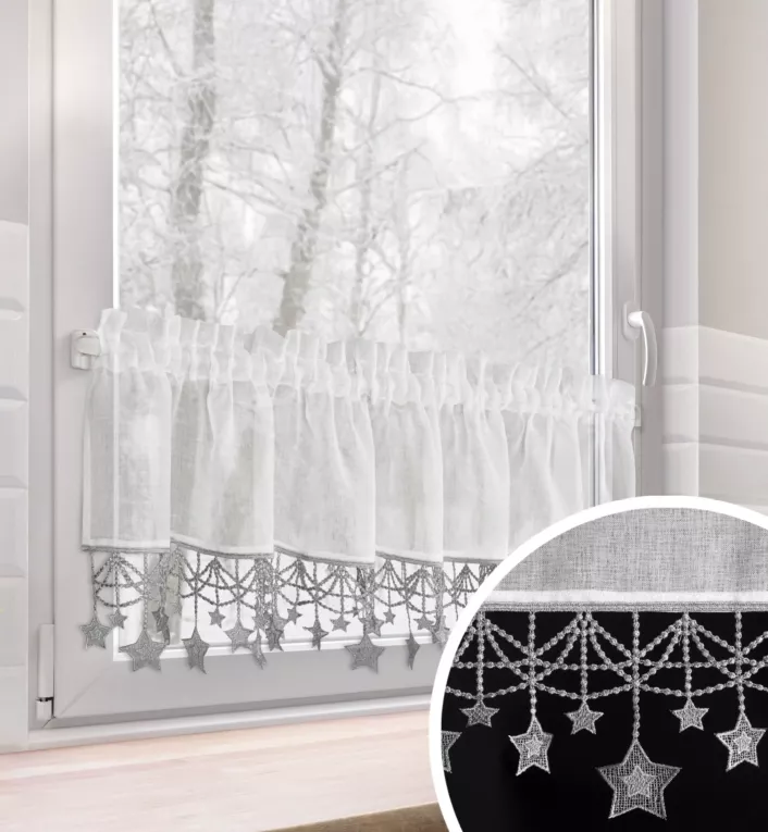 Zazdrostka biało, srebrna z etaminy zdobiona świątecznymi gwiazdkami 150x30 cm tunel - XMAS