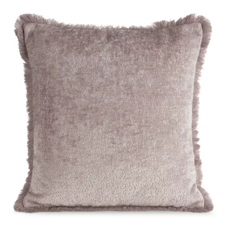 Poszewka na poduszkę 45x45 cm pudrowa z szenilowej nici zdobiona subtelnymi frędzlami ADIA