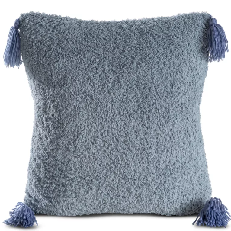 Poszewka na poduszkę 45x45 cm o strukturze miękkiego futra niebieska z ozdobnymi chwostami ELDA