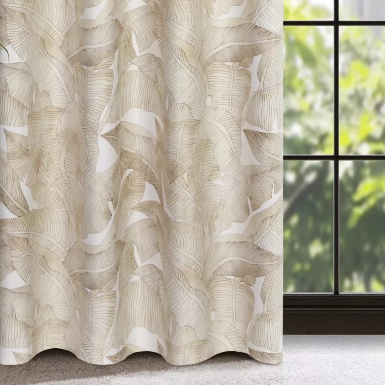 Zasłona biało, beżowa z motywem liści, zaciemniająca 140x250 cm przelotka - SAMIRA
