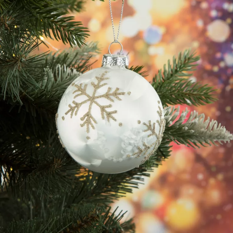 Bombka szklana ręcznie zdobiona brokatowymi śnieżynkami
