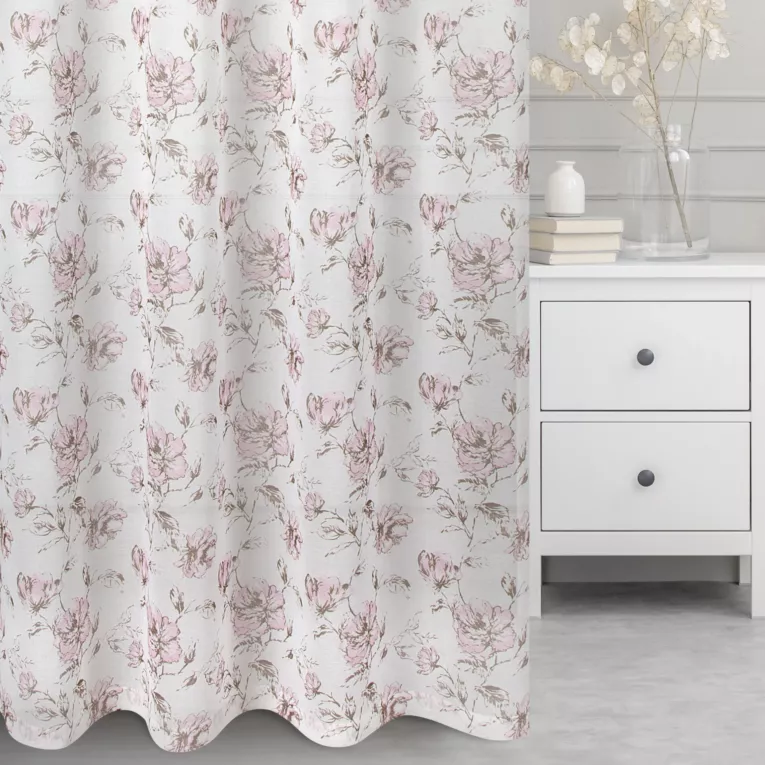 Dekoracja okienna biało, beżowa z matowej etaminy z malowanym kwiatowym wzorem 140x250 cm przelotka - AMBER