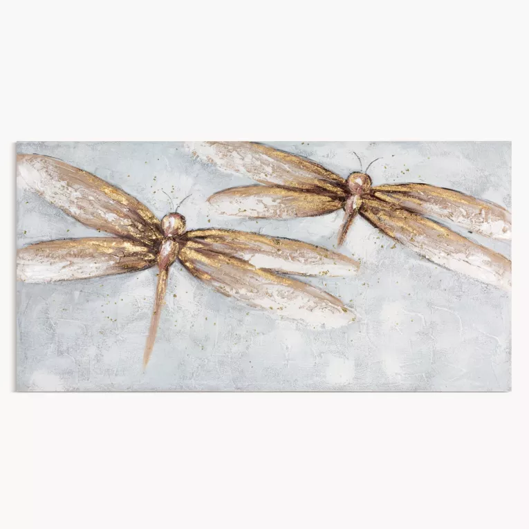 Obraz ręcznie malowany na płótnie z motywem ważki i złotymi akcentami