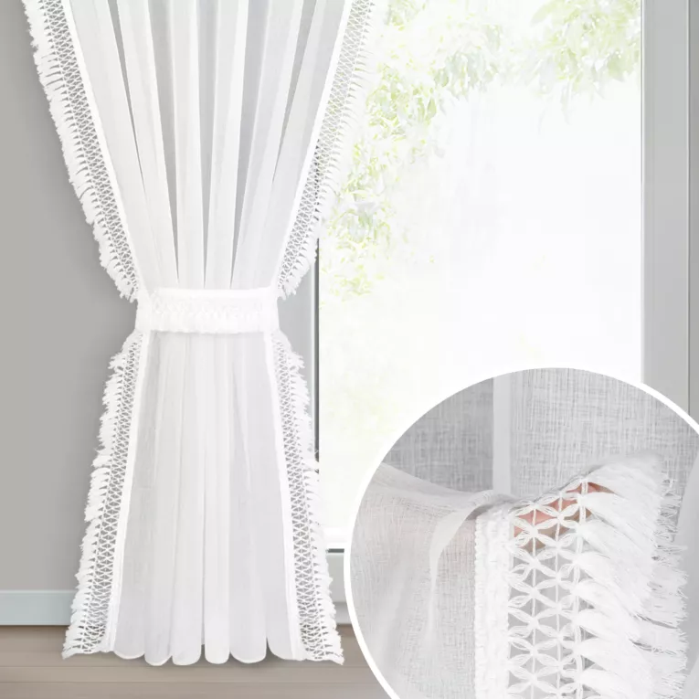 Firana biała z etaminy zdobiona na bokach subtelnymi frędzlami w zestawie troczek 140x270 cm taśma KIRA 2